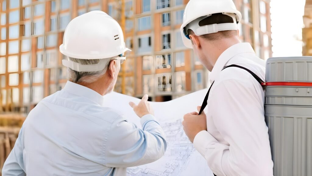 Two men discussing 40-year recertification inspections