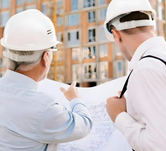Two men discussing 40-year recertification inspections